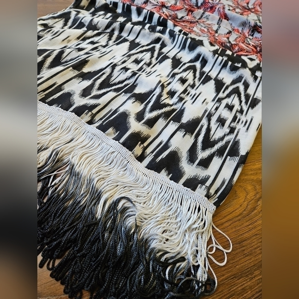 Steve Madden Palms & Black and White Ikat Ombre Fringe Wrap Sarong Scarf